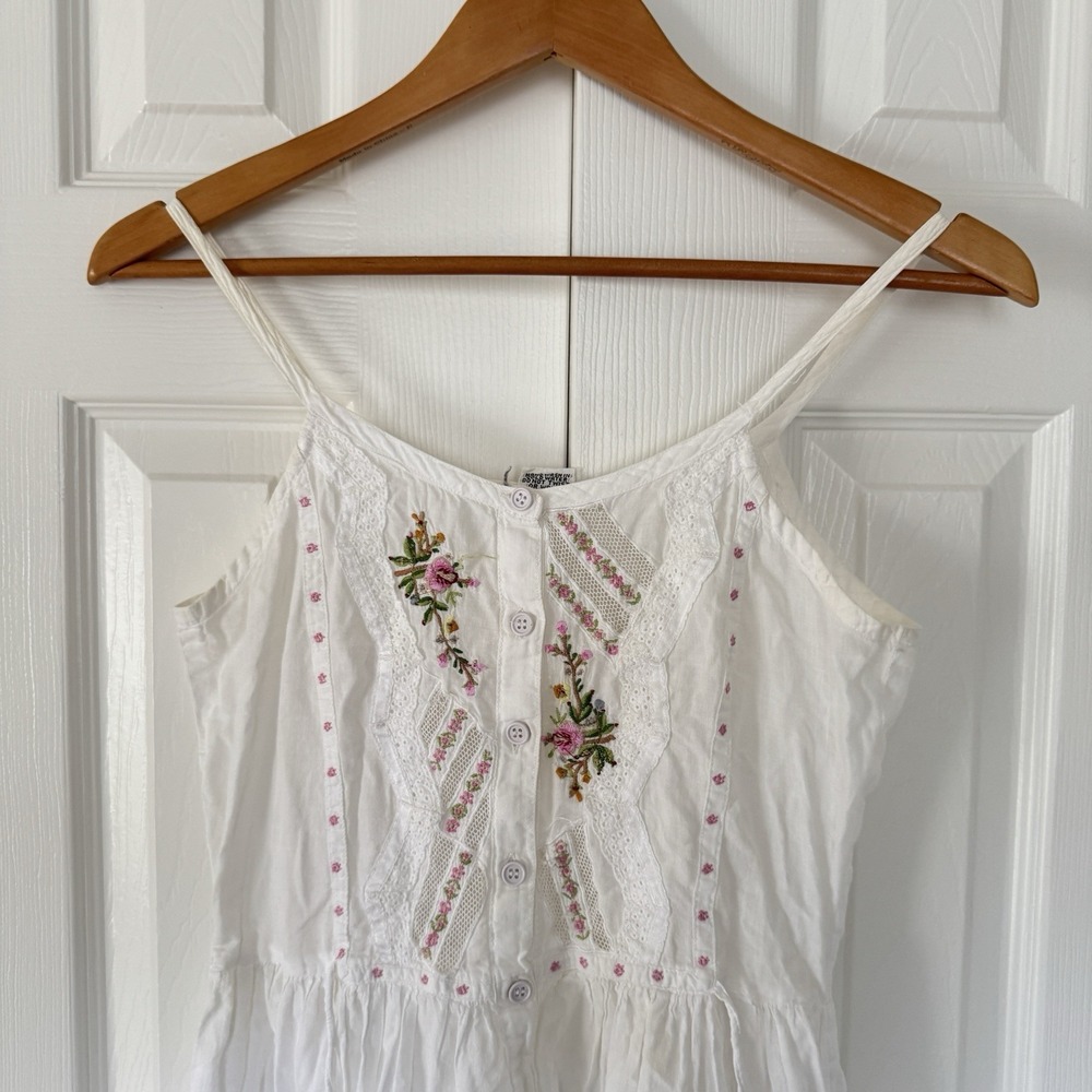 Vintage White Cotton Midi Dress Nightgown Ruffle Hem Embroidery Prairie Granny